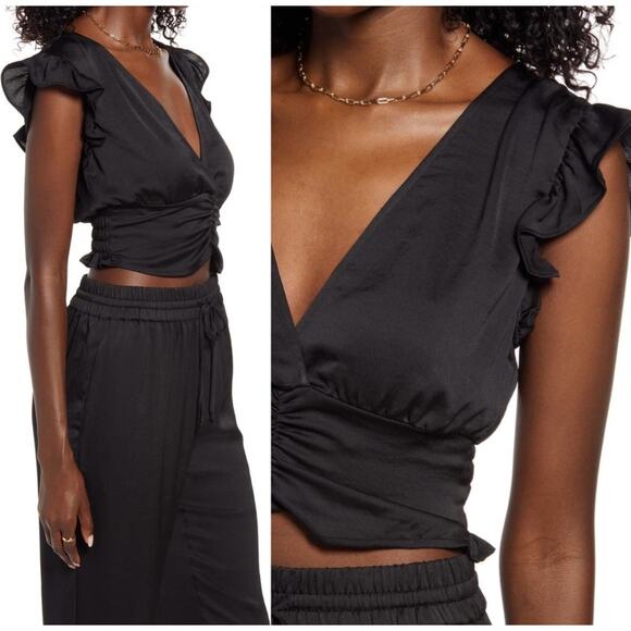 NEW Open Edit Ruffle Ruched Satin Crop Top Large Black Deep V Flutter Sleeve - Picture 3 of 11